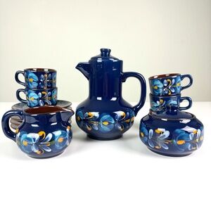 Vintage Majolika Varoslod Hungary Coffee Set Blue Floral Painted Ceramic